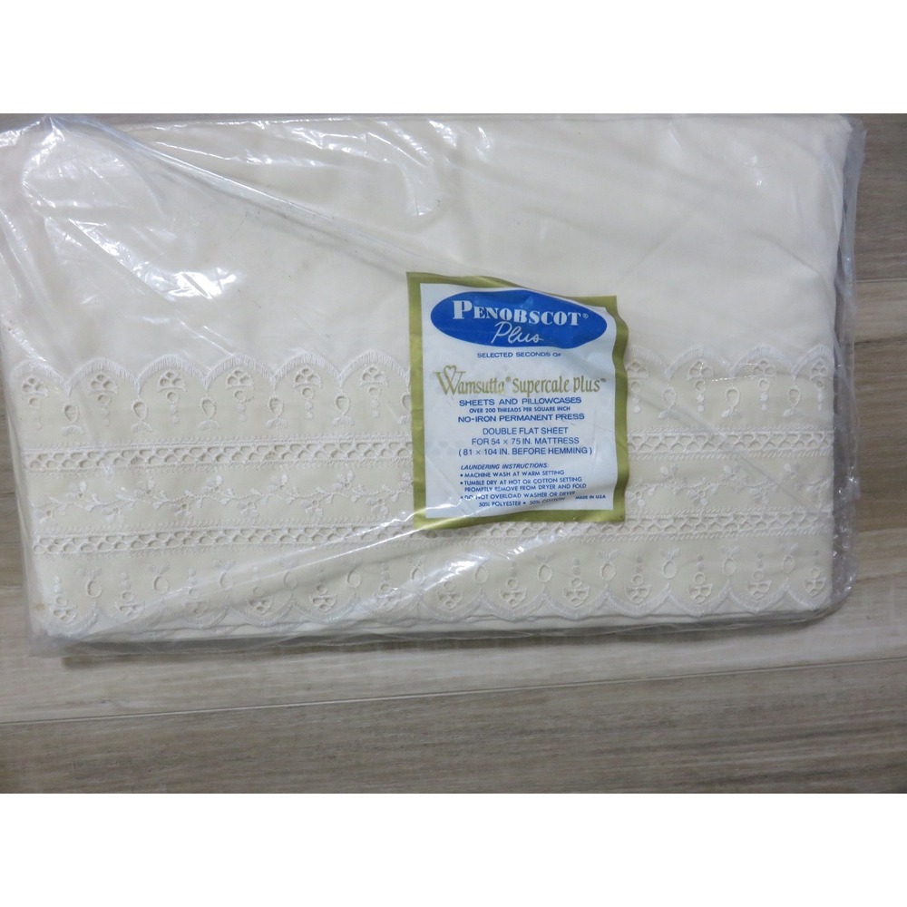 Vintage Wamsutta Supercale Plus Double Flat Sheet Eyelet Lace Trim Cream New